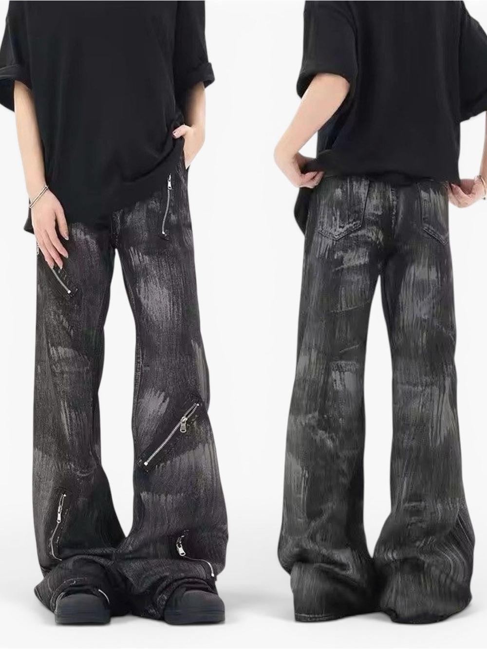 NWT Arts Korean Man Grunge Zipper Detail Grey Graphic Flare Pants (Women’s L)